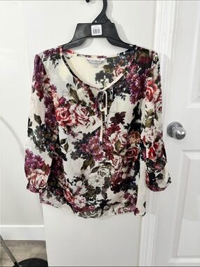Sheer Floral Tie-Neck Blouse in Cream and Plum